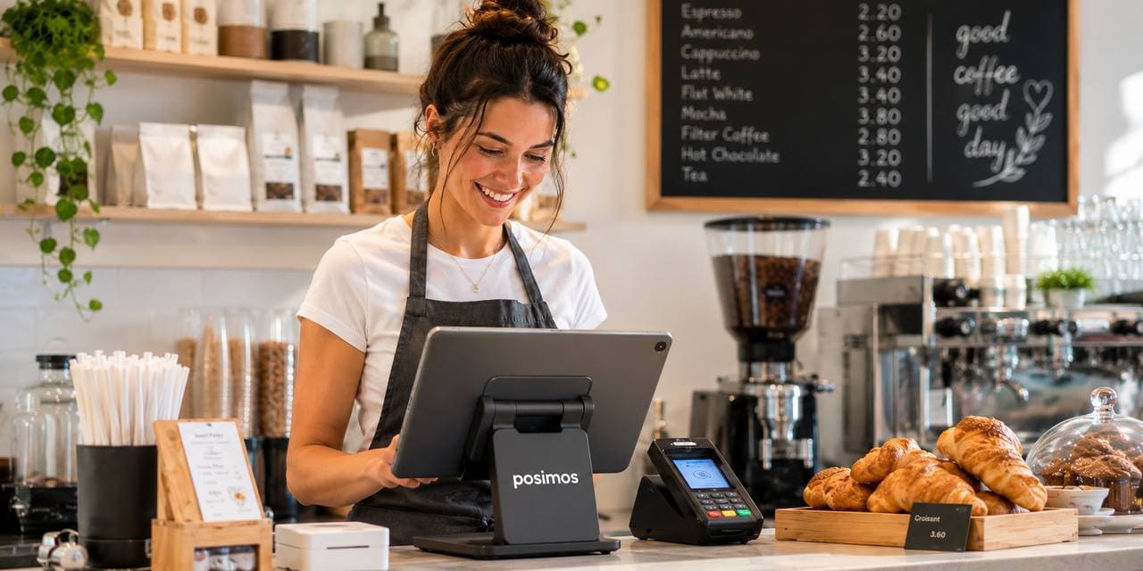 Кафе — столики в залі, офіціант з POS-терміналом Posimos
